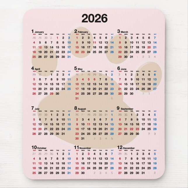 Tapis De Souris Calendrier Empreinte de Patte de Chien 2027 (Devant)