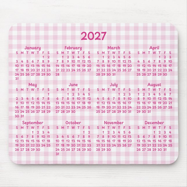 Tapis De Souris Calendrier fantaisiste Gingham rose pâle 2027 (Devant)