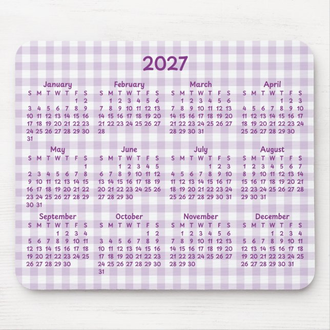 Tapis De Souris Calendrier fantaisiste Gingham violet pâle 2027 (Devant)