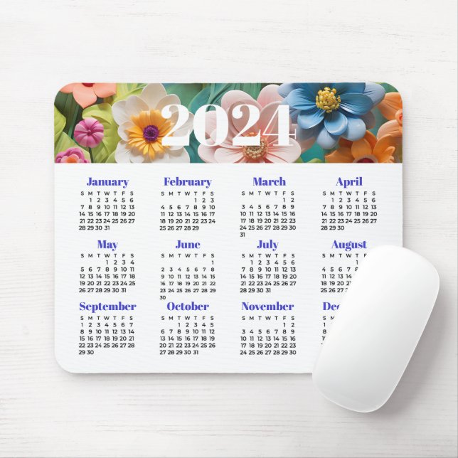 Tapis De Souris Calendrier floral 2024 (Avec souris)