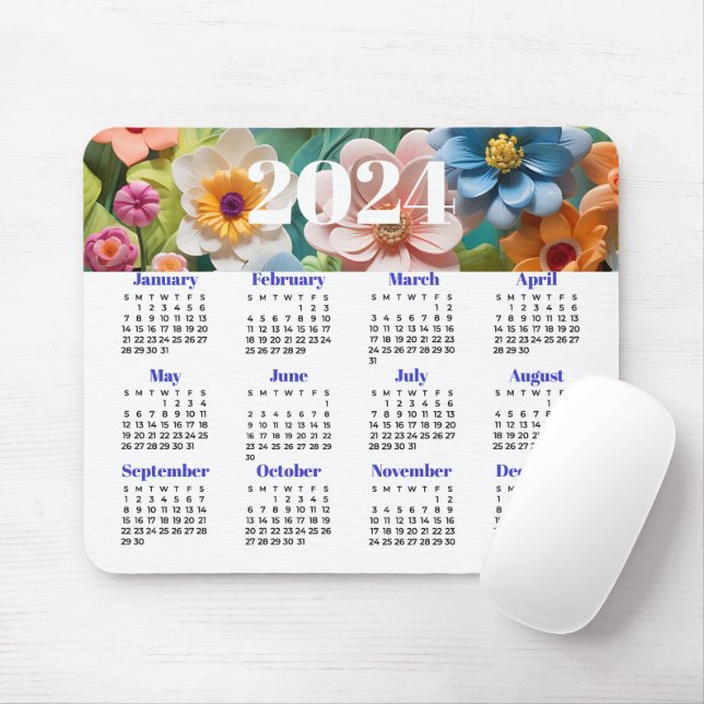 Tapis De Souris Calendrier floral 2024 (Avec souris)