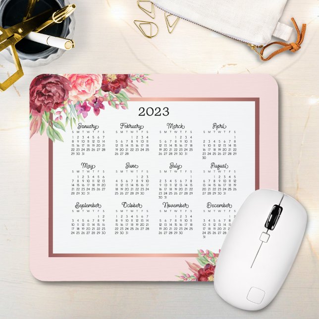 Tapis De Souris Calendrier Floral Blush Pink 2023 Rose de Bourgogn (Créateur téléchargé)
