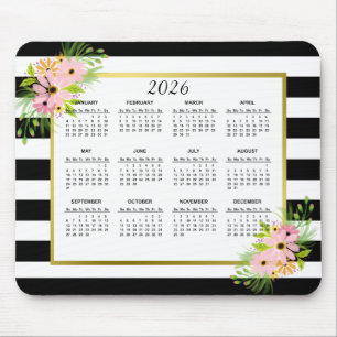 Tapis De Souris Calendrier Floral Or Blanc Noir 2026