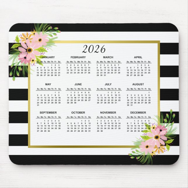 Tapis De Souris Calendrier Floral Or Blanc Noir 2026 (Devant)