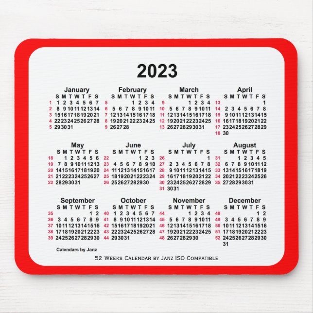 Tapis De Souris Calendrier ISO 2023 Rouge 52 semaines par Janz (Devant)