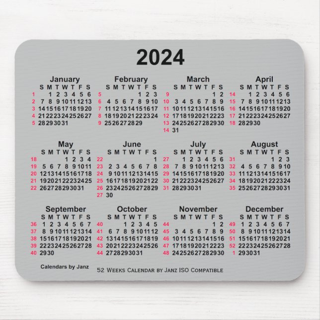 Tapis De Souris Calendrier ISO 2024 Silver 52 semaines par Janz (Devant)