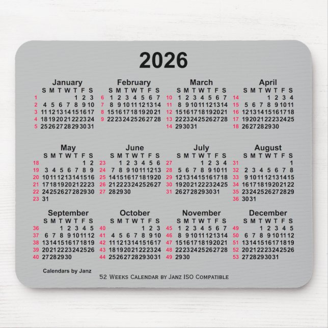 Tapis De Souris Calendrier ISO 2026 Silver 52 semaines par Janz (Devant)