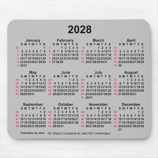 Tapis De Souris Calendrier ISO 2028 Silver 52 semaines par Janz (Devant)