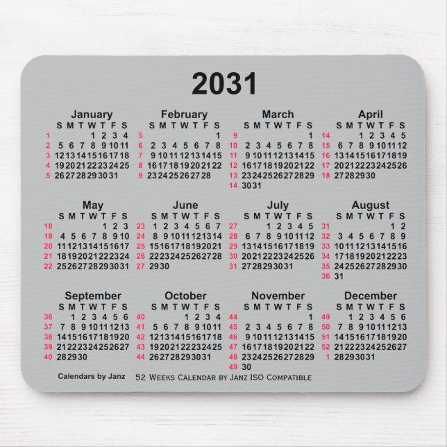 Tapis De Souris Calendrier ISO 2031 Silver 52 semaines par Janz (Devant)