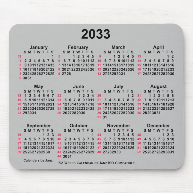 Tapis De Souris Calendrier ISO 2033 Silver 52 semaines par Janz (Devant)