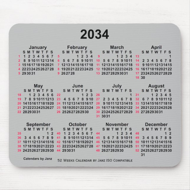 Tapis De Souris Calendrier ISO 2034 Silver 52 semaines par Janz (Devant)