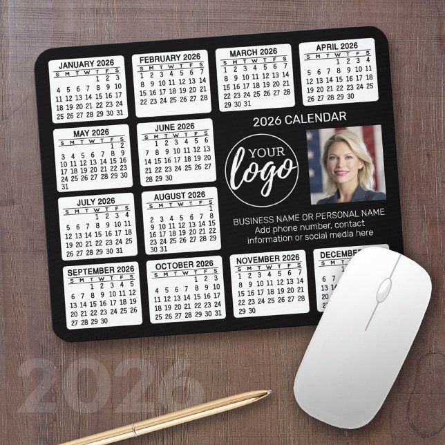 Tapis De Souris Calendrier - logo, photo (2026 Calendar with your logo or photos - Great Business Gift or Home Office Decor)