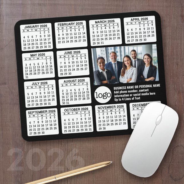 Tapis De Souris Calendrier - logo, photo (2026 Calendar with your logo or photos - Great Business Gift or Home Office Decor)