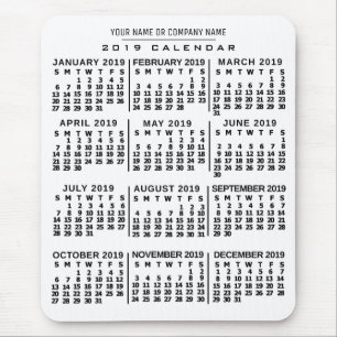 Tapis De Souris Calendrier mensuel 2019 Année Blanc noir Nom perso