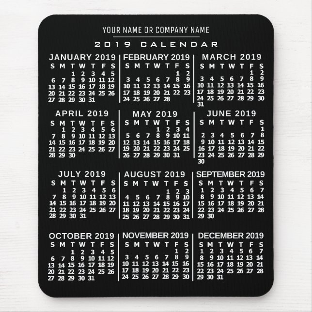 Tapis De Souris Calendrier mensuel 2019 Année Noir Blanc Nom perso (Devant)