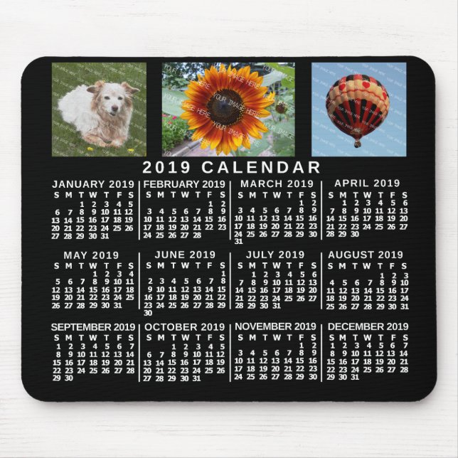 Tapis De Souris Calendrier mensuel 2019 Black Custom 3 Photos (Devant)