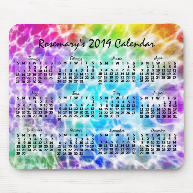 Tapis De Souris Calendrier mensuel 2019 Tiedye Hippie Arc-en-ciel (Devant)