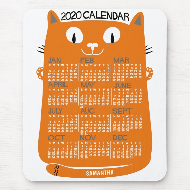 Tapis De Souris Calendrier mensuel 2020 Mi-Siècle Orange Chat (Devant)