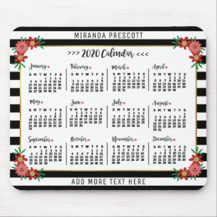 Tapis De Souris Calendrier mensuel 2020   Préppy Floral Stripes