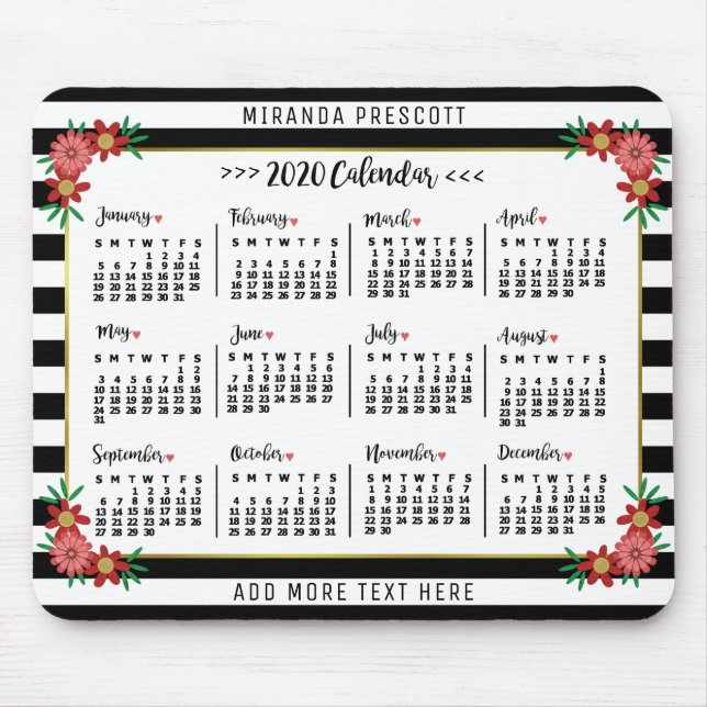 Tapis De Souris Calendrier mensuel 2020 | Préppy Floral Stripes (Devant)
