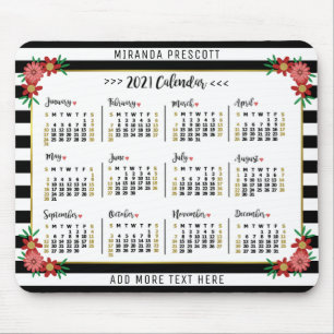 Tapis De Souris Calendrier mensuel 2021   Préppy Floral Stripes