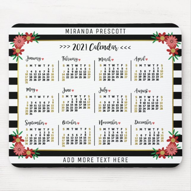 Tapis De Souris Calendrier mensuel 2021 | Préppy Floral Stripes (Devant)