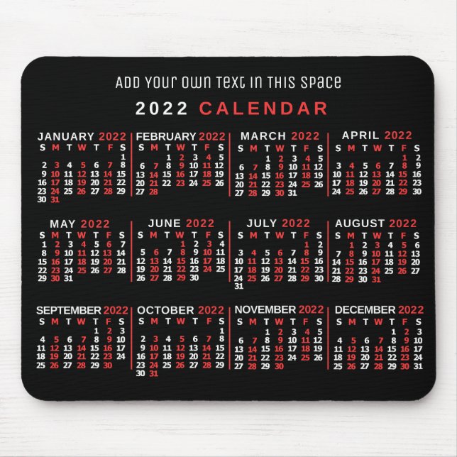 Tapis De Souris Calendrier mensuel 2022 Année Personnalisé Noir Ro (Devant)