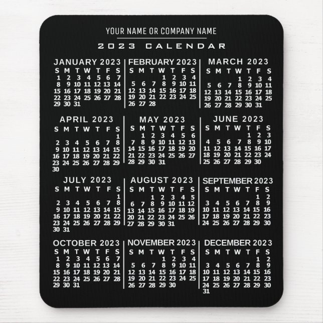 Tapis De Souris Calendrier mensuel 2023 Année Noir Blanc Nom perso (Devant)