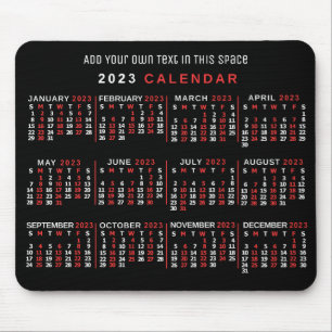 Tapis De Souris Calendrier mensuel 2023 Année Personnalisé Noir Ro