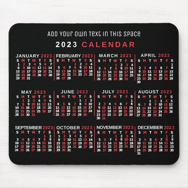 Tapis De Souris Calendrier mensuel 2023 Année Personnalisé Noir Ro (Devant)