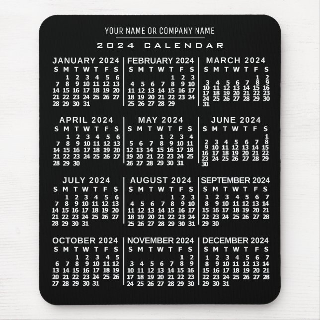 Tapis De Souris Calendrier mensuel 2024 Année Noir Blanc Nom perso (Devant)