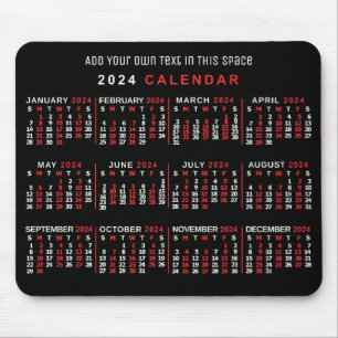 Tapis De Souris Calendrier mensuel 2024 Année Personnalisé Noir Ro