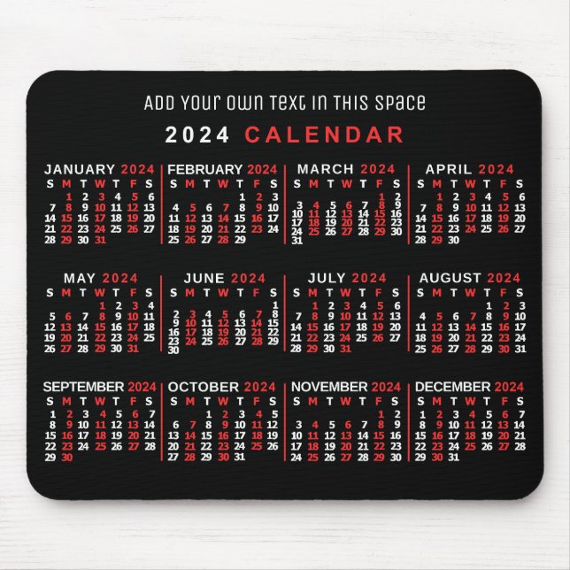 Tapis De Souris Calendrier mensuel 2024 Année Personnalisé Noir Ro (Devant)