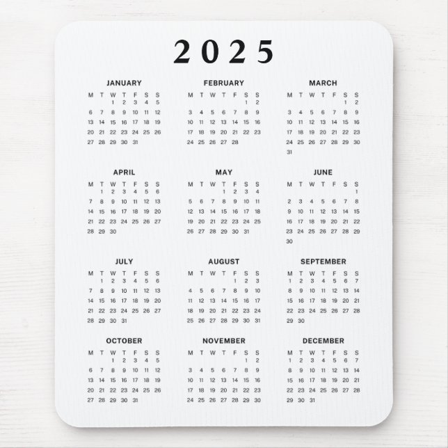 Tapis De Souris Calendrier mensuel 2025 (Devant)