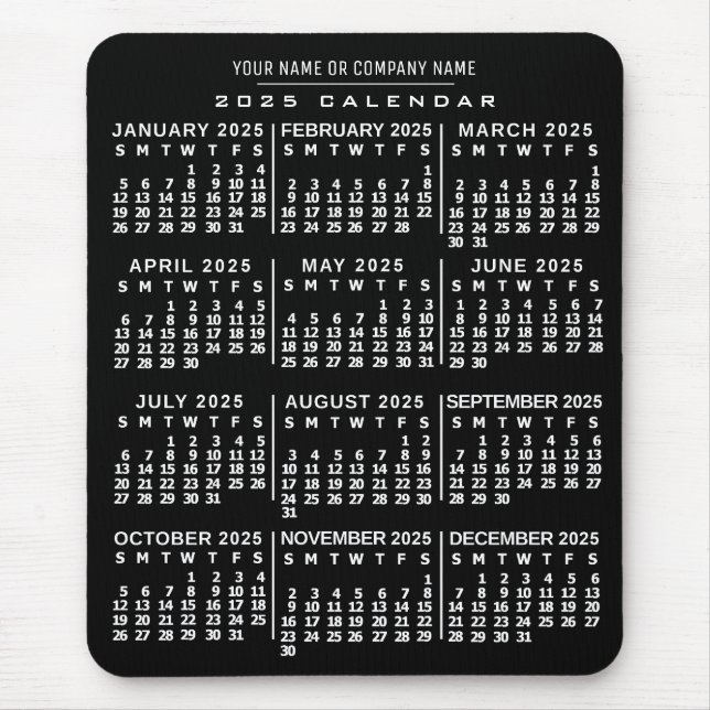 Tapis De Souris Calendrier mensuel 2025 Année Noir Blanc Nom perso (Devant)