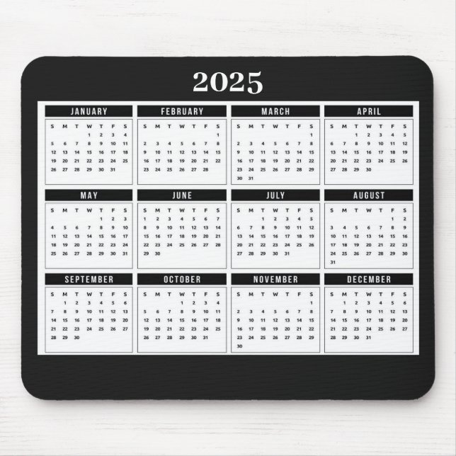 Tapis De Souris Calendrier mensuel 2025 Noir moderne Blanc (Devant)