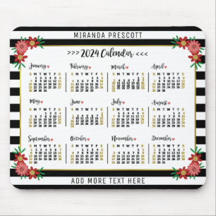 Tapis De Souris Calendrier mensuel de 2024   Préppy Floral Stripes