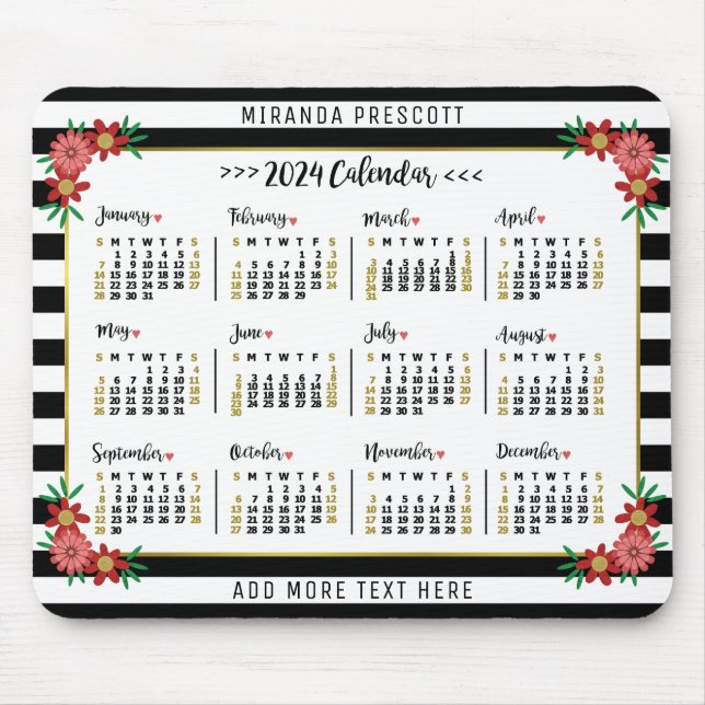 Tapis De Souris Calendrier mensuel de 2024 | Préppy Floral Stripes (Devant)