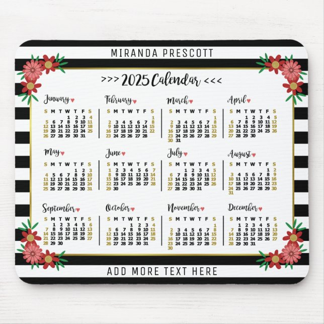 Tapis De Souris Calendrier mensuel de 2025 | Préppy Floral Stripes (Devant)