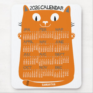 Tapis De Souris Calendrier mensuel de l'année 2026 Chat orange mil