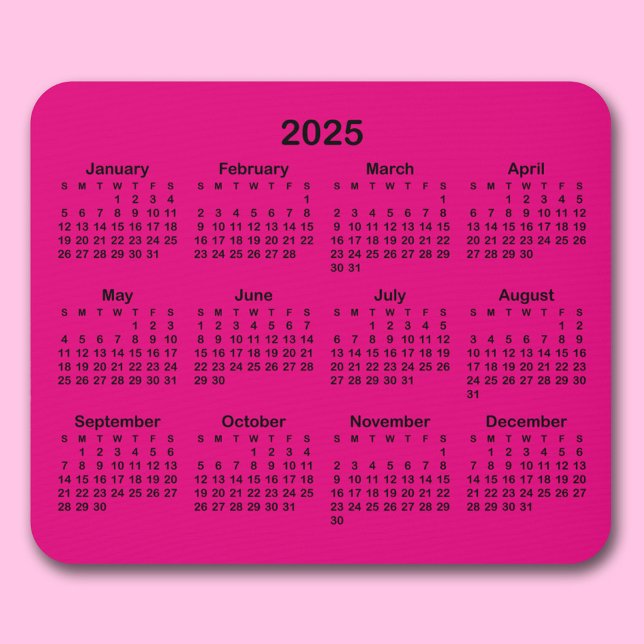 Tapis De Souris Calendrier minimal Hot Pink et Black 2025 (Minimalist Hot Pink and Black 2025 Calendar Mouse Pad)