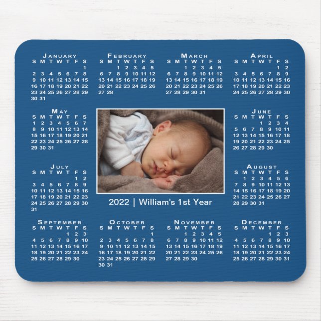 Tapis De Souris Calendrier moderne 2022 Votre nom photo sur Blue (Devant)