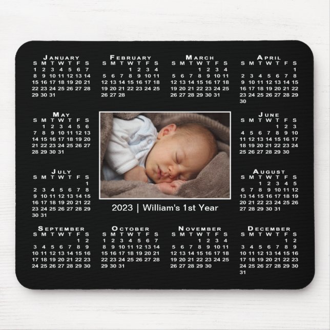 Tapis De Souris Calendrier moderne 2023 Votre nom photo en noir (Devant)