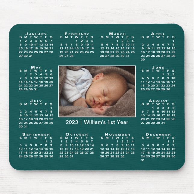 Tapis De Souris Calendrier moderne 2023 Votre nom photo sur Turquo (Devant)