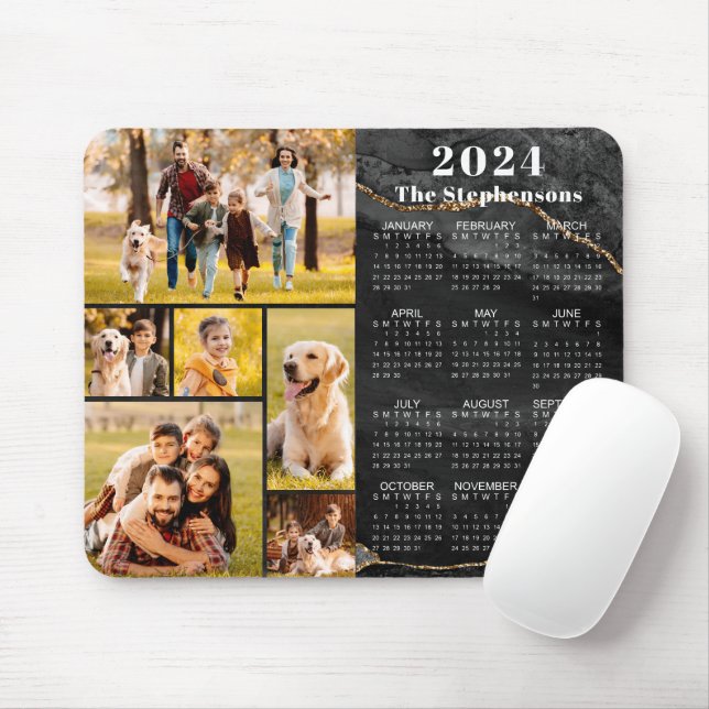 Tapis De Souris Calendrier moderne 2024 6 Collage photo Agate noir (Avec souris)