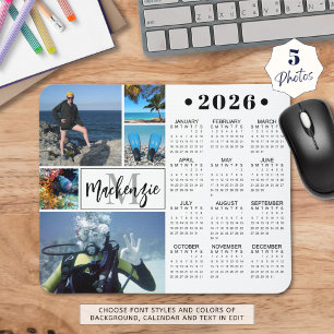 Tapis De Souris Calendrier moderne 2025 5 Photos Monogramme Nom
