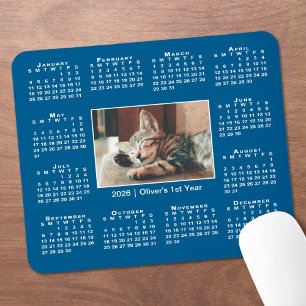 Tapis De Souris Calendrier moderne 2026 Votre nom photo en bleu