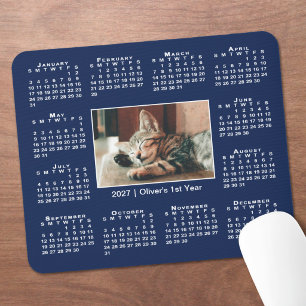 Tapis De Souris Calendrier Moderne 2027 Votre Photo Nom sur Bleu M