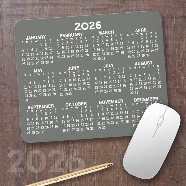 Tapis De Souris Calendrier - moderne gris et blanc simple (2026 Calendar on a Mousepad)