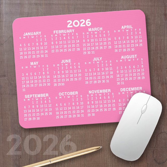 Tapis De Souris Calendrier - moderne rose et blanc simple (2026 Calendar on a Mousepad)
